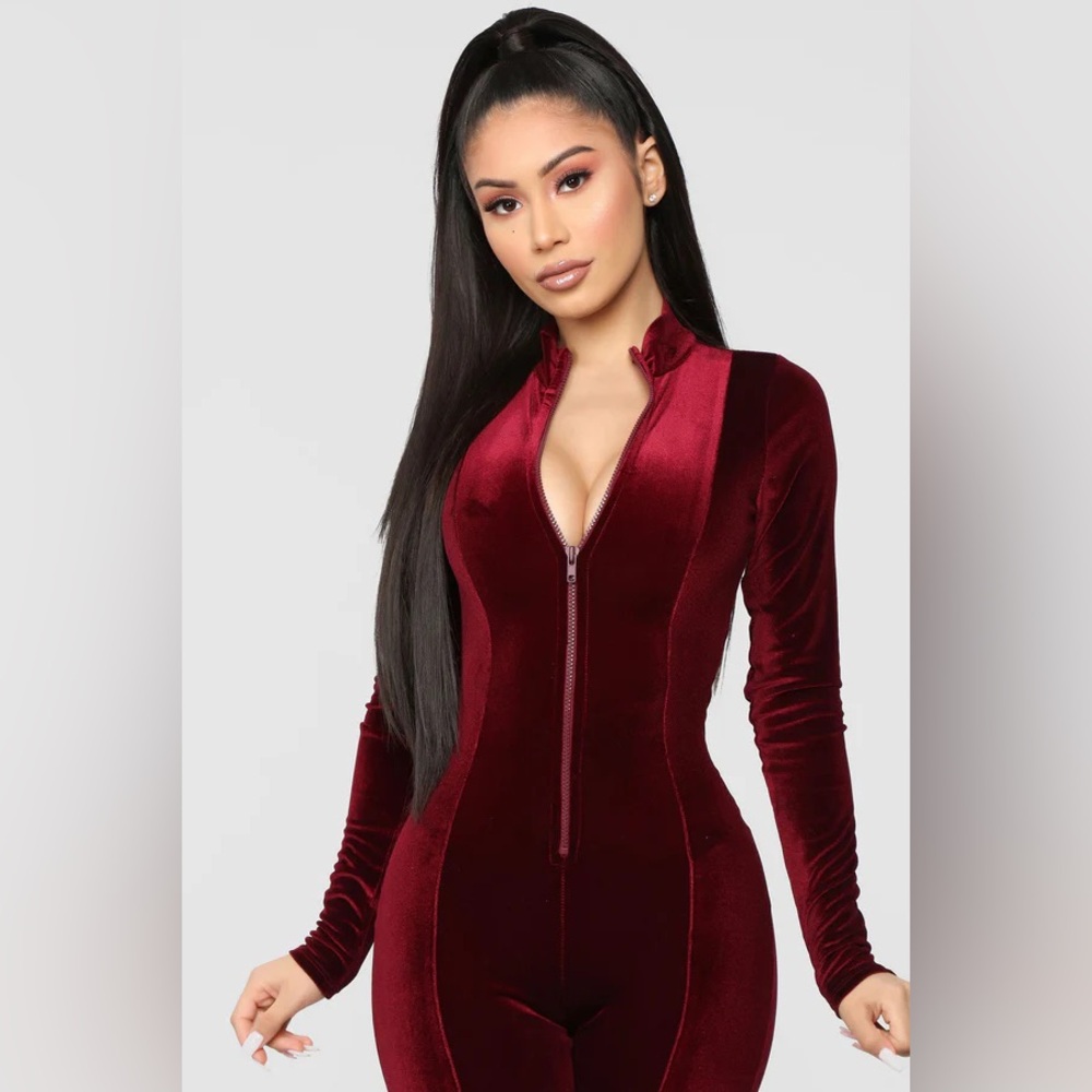 Fashion Nova Dream Velvet Jumpsuit- Burgundy